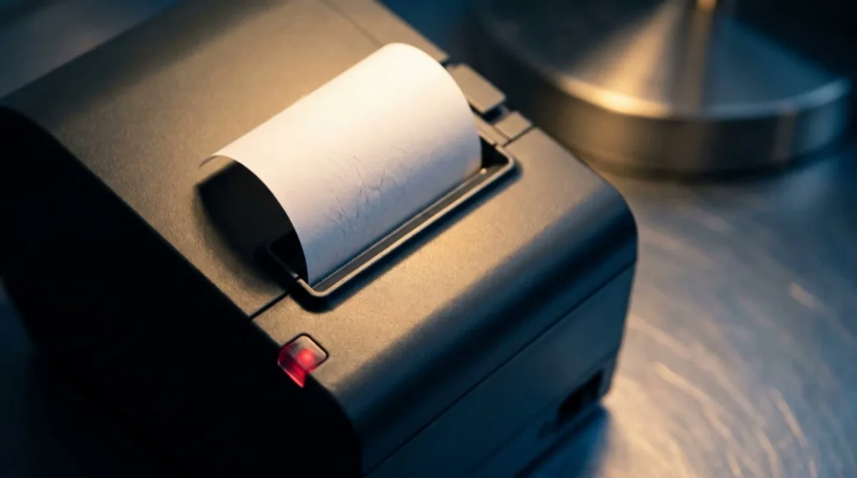 Illustrative macro of a thermal ticket printer feeding paper across a metal counter.