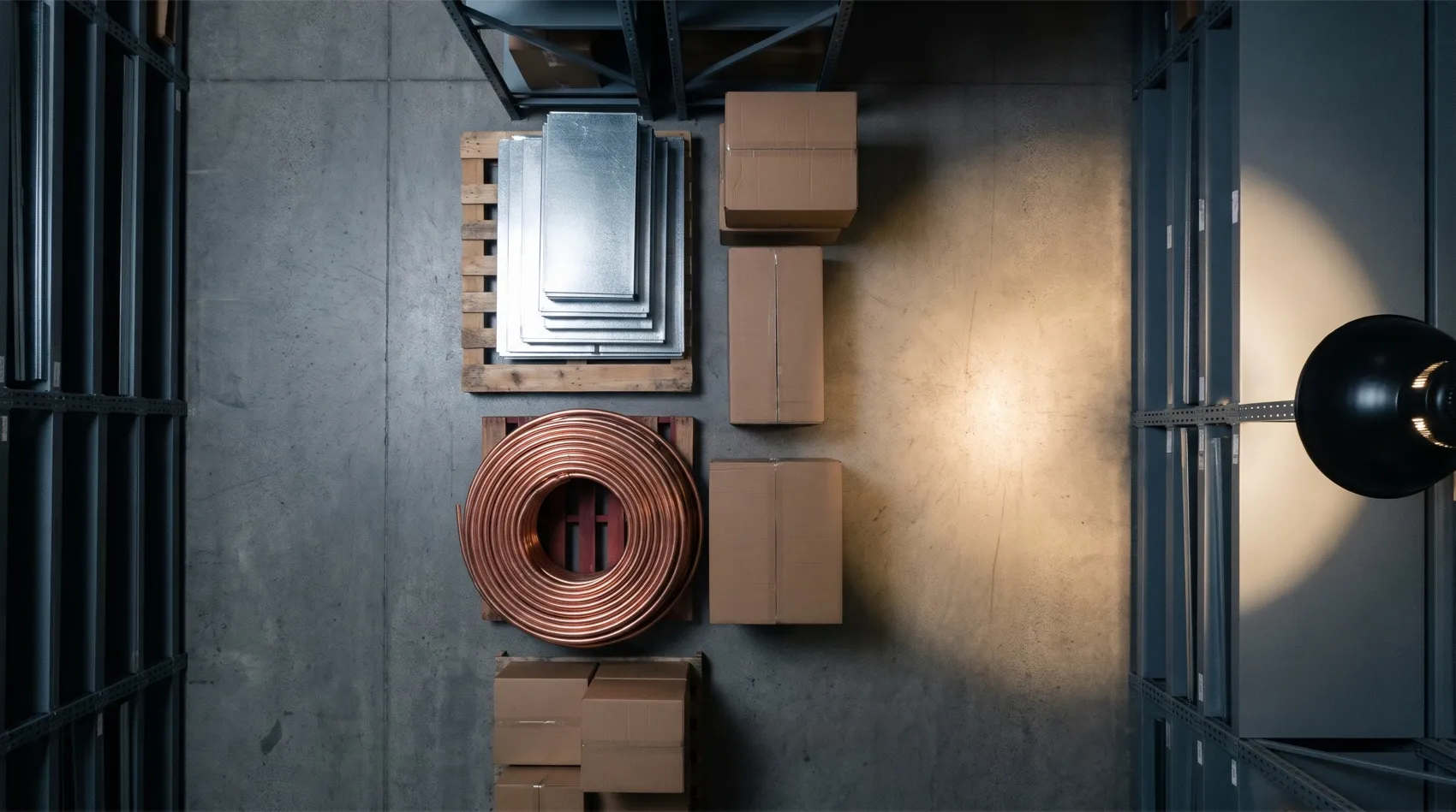 Illustrative overhead view of a wholesale aisle: galvanized sheet stacks, a copper coil and cardboard cartons.