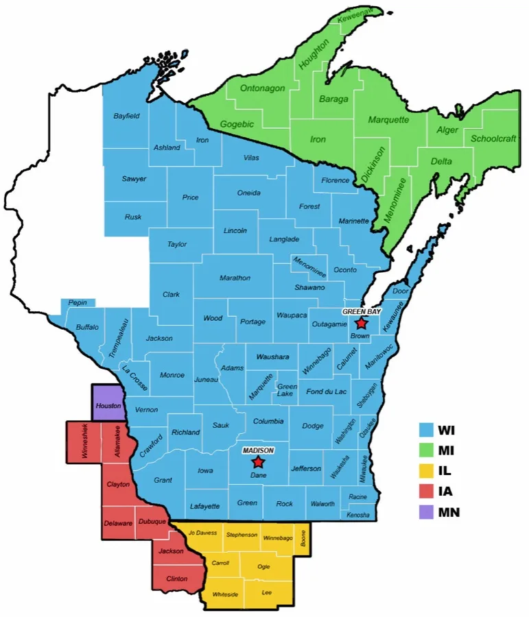 Temperature Systems' published service territory map, with its own state, city and legend labels left as drawn.